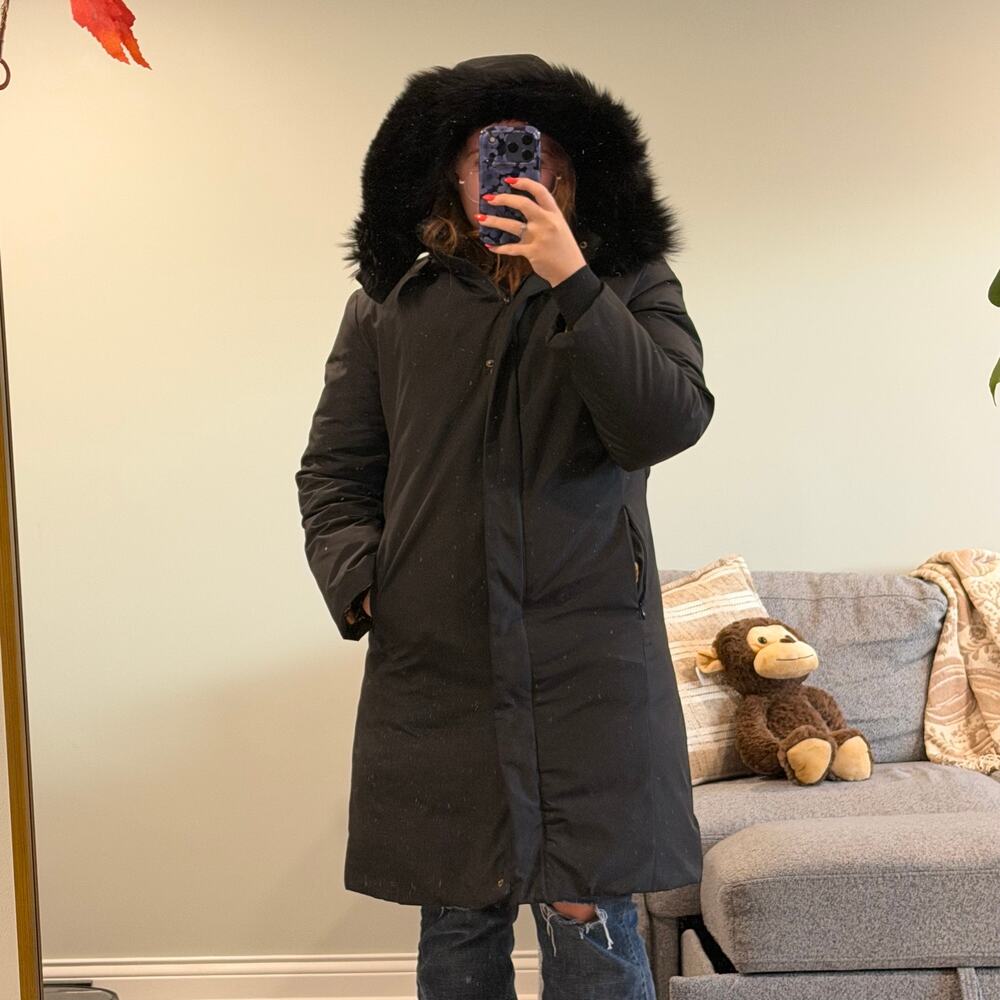 Dana Buchman Black Down Coat Leopard Lining Fur Hood S